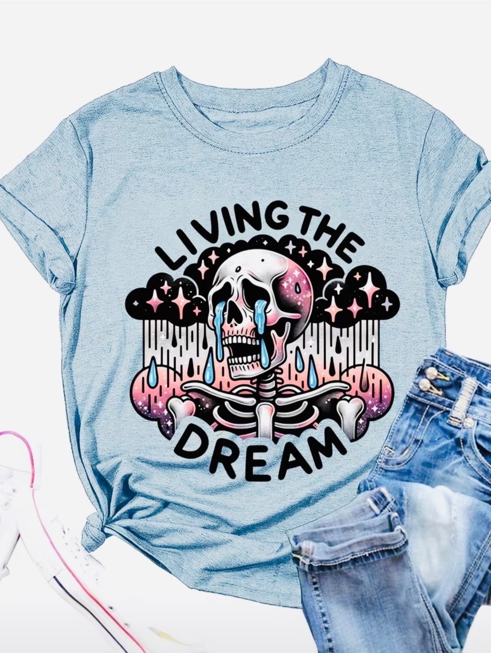 New - Fun ! Skeleton Short Sleeve Graphic Print T-Shirt - Light Blue - Size M